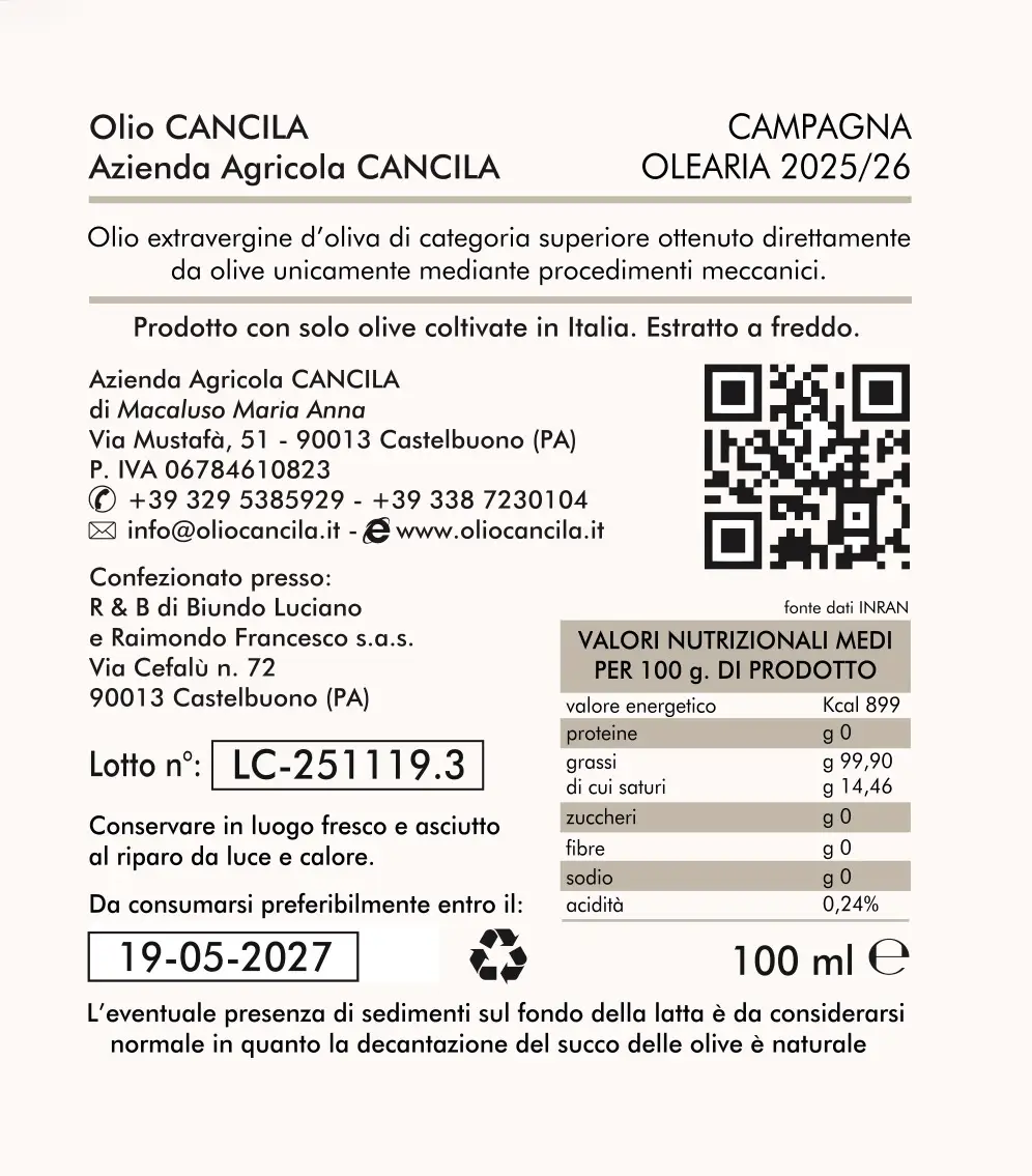 Tanica100 ml olio extravergine d’oliva