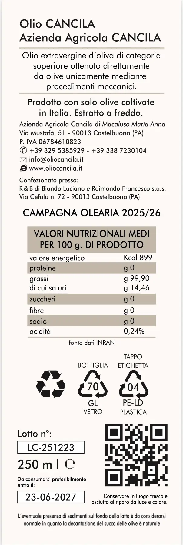 Olio Extravergine di Oliva di Sicilia Edizione limitata “Marianna”