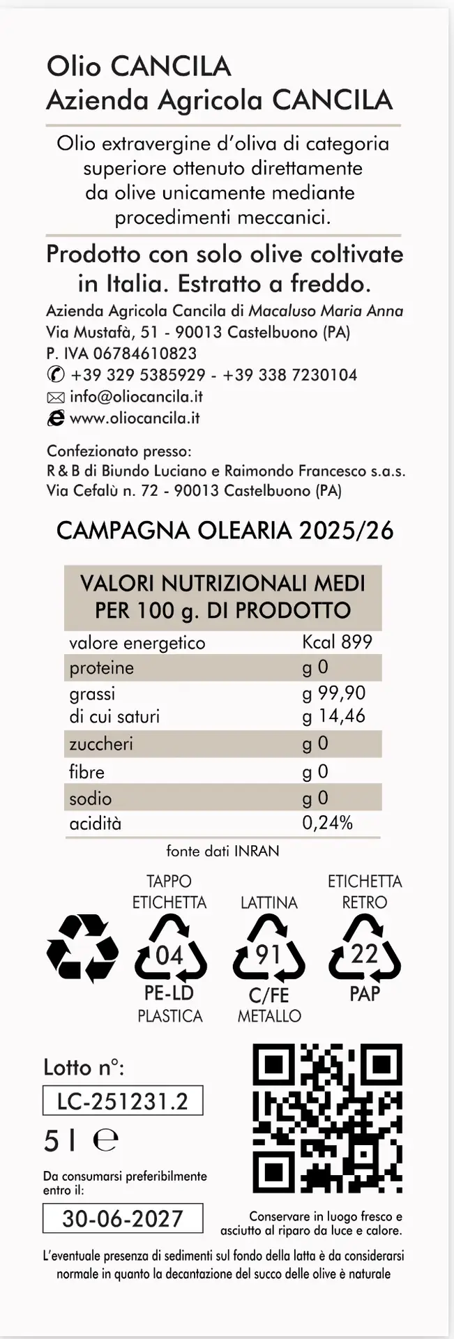 Tanica 5 L Olio extravergine d’oliva